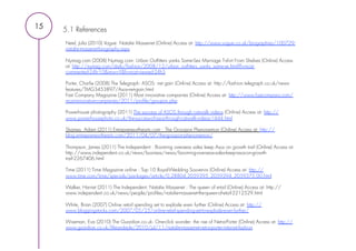 15   5.1 References
     Neel, Julia (2010) Vogue: Natalie Massenet (Online) Access at: http://www.vogue.co.uk/biographies/100729-
     natalie-massenet-biography.aspx

     Nymag.com (2008) Nymag.com: Urban Outfitters yanks Same-Sex Marriage T-shirt From Shelves (Online) Access
     at: http://nymag.com/daily/fashion/2008/12/urban_outfitters_yanks_same-se.html?f=most-
     commented-24h-10&imw=Y&f=most-viewed-24h5

     Porter, Charlie (2008) The Telegraph: ASOS: net gain (Online) Access at: http://fashion.telegraph.co.uk/news-
     features/TMG3453897/Asos-net-gain.html
     Fast Company Magazine (2011) Most innovative companies (Online) Access at: http://www.fastcompany.com/
     most-innovative-companies/2011/profile/groupon.php

     Powerhouse photography (2011) The success of ASOS through catwalk videos (Online) Access at: http://
     www.powerhousephoto.co.uk/the-success-of-asos-through-catwalk-videos-1444.html

     Shames, Adam (2011) Entrepreneurthearts.com : The Grouipon Phenonemon (Online) Access at: http://
     blog.entrepreneurthearts.com/2011/04/07/the-groupon-phenonemon/

     Thompson, James (2011) The Independent : Booming overseas sales keep Asos on growth trail (Online) Access at:
     http://www.independent.co.uk/news/business/news/booming-overseas-sales-keep-asos-on-growth-
     trail-2267406.html
      
     Time (2011) Time Magazine online : Top 10 Royal-Wedding Souvenirs (Online) Access at: http://
     www.time.com/time/specials/packages/article/0,28804,2059395_2059394_2059375,00.html

     Walker, Harriet (2011) The Independent: Natalie Massenet : The queen of e-tail (Online) Access at: http://
     www.independent.co.uk/news/people/profiles/natalie-massenet-the-queen-of-etail-2212529.html

     White, Brian (2007) Online retail spending set to explode even further (Online) Access at: http://
     www.bloggingstocks.com/2007/05/25/online-retail-spending-set-to-explode-even-further/

     Wiseman, Eva (2010) The Guardian.co.uk: One-click wonder: the rise of Net-a-Porter (Online) Access at: http://
     www.guardian.co.uk/lifeandstyle/2010/jul/11/natalie-massenet-net-a-porter-internet-fashion
 