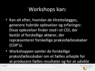 Workshops kan:
• Kan alt efter, hvordan de tilrettelægges,
generere hybride oplevelser og erfaringer.
Disse oplevelser finder sted i et COI, der
består af forskellige aktører, der
repræsenterer forskellige praksisfællesskaber
(COP’s).
• Workshoppen samler de forskellige
praksisfællesskaber om et fælles arbejde for
at producere fælles resultater og for at udvikle
en kollektiv handlingsplan.
 