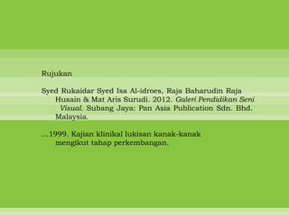 Rujukan

Syed Rukaidar Syed Isa Al-idroes, Raja Baharudin Raja
   Husain & Mat Aris Surudi. 2012. Galeri Pendidikan Seni
    Visual. Subang Jaya: Pan Asia Publication Sdn. Bhd.
   Malaysia.

…1999. Kajian klinikal lukisan kanak-kanak
  mengikut tahap perkembangan.
 