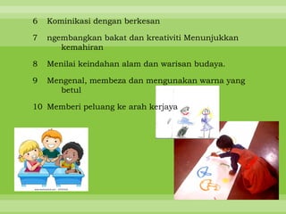 6   Kominikasi dengan berkesan

7   ngembangkan bakat dan kreativiti Menunjukkan
       kemahiran

8   Menilai keindahan alam dan warisan budaya.

9   Mengenal, membeza dan mengunakan warna yang
       betul

10 Memberi peluang ke arah kerjaya.
 
