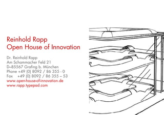 Reinhold Rapp
Open House of Innovation
Dr. Reinhold Rapp
Am Schammacher Feld 21
D–85567 Grafing b. München
Phone +49 (0) 8092 / 86 355 - 0
Fax +49 (0) 8092 / 86 355 – 53
www.open-house-of-innovation.de
www.rapp.typepad.com
 
