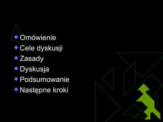 Porządek spotkania Omówienie Cele dyskusji Zasady Dyskusja Podsumowanie Następne kroki 