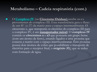 Metabolismo – Cadeia respiratória (cont.) O  Complexo IV  (ou  Citocromo Oxidase)  recebe os e - s provenientes do complexo III. Esta transferência gera o fluxo de um H +  (o 2º) da matriz para o espaço intermembranas.  O citocromo c, que transporta os electrões do complexo III para o complexo IV, é um  transportador móvel . O  complexo IV  contém os  citocromos a  e  a3  que possuem um grupo heme (com um átomo de ferro), estando ligados a uma proteína que conecta a matriz com o espaço intermembranar. Esta proteína possui dois átomos de cobre que possibilitam o transporte de electrões para o receptor final, o  oxigénio  ( O 2 ) que se reduz com formação de água. 