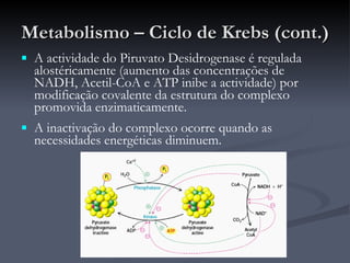 Metabolismo – Ciclo de Krebs (cont.) A actividade do Piruvato Desidrogenase é regulada alostéricamente (aumento das concentrações de NADH, Acetil-CoA e ATP inibe a actividade) por modificação covalente da estrutura do complexo promovida enzimaticamente. A inactivação do complexo ocorre quando as necessidades energéticas diminuem.  