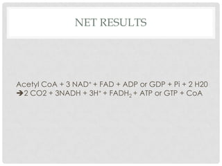 NET RESULTS
Acetyl CoA + 3 NAD+ + FAD + ADP or GDP + Pi + 2 H20
2 CO2 + 3NADH + 3H+ + FADH2 + ATP or GTP + CoA
 