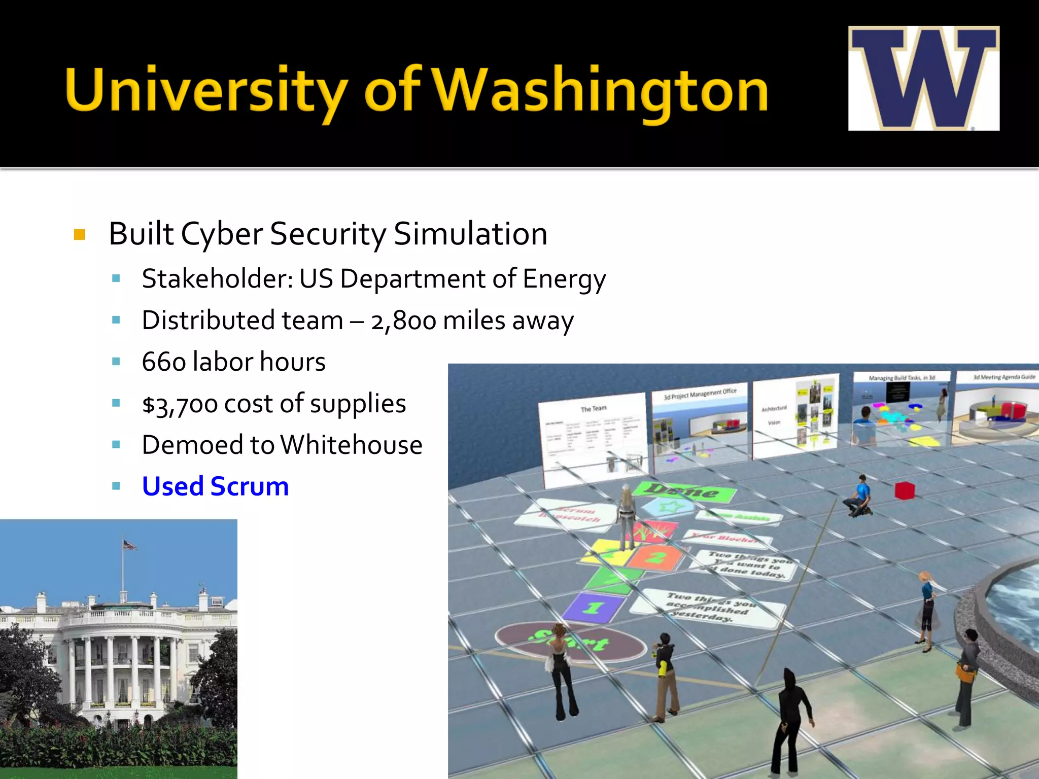    Built Cyber Security Simulation
     Stakeholder: US Department of Energy
     Distributed team – 2,800 miles away
     660 labor hours
     $3,700 cost of supplies
     Demoed to Whitehouse
     Used Scrum
 