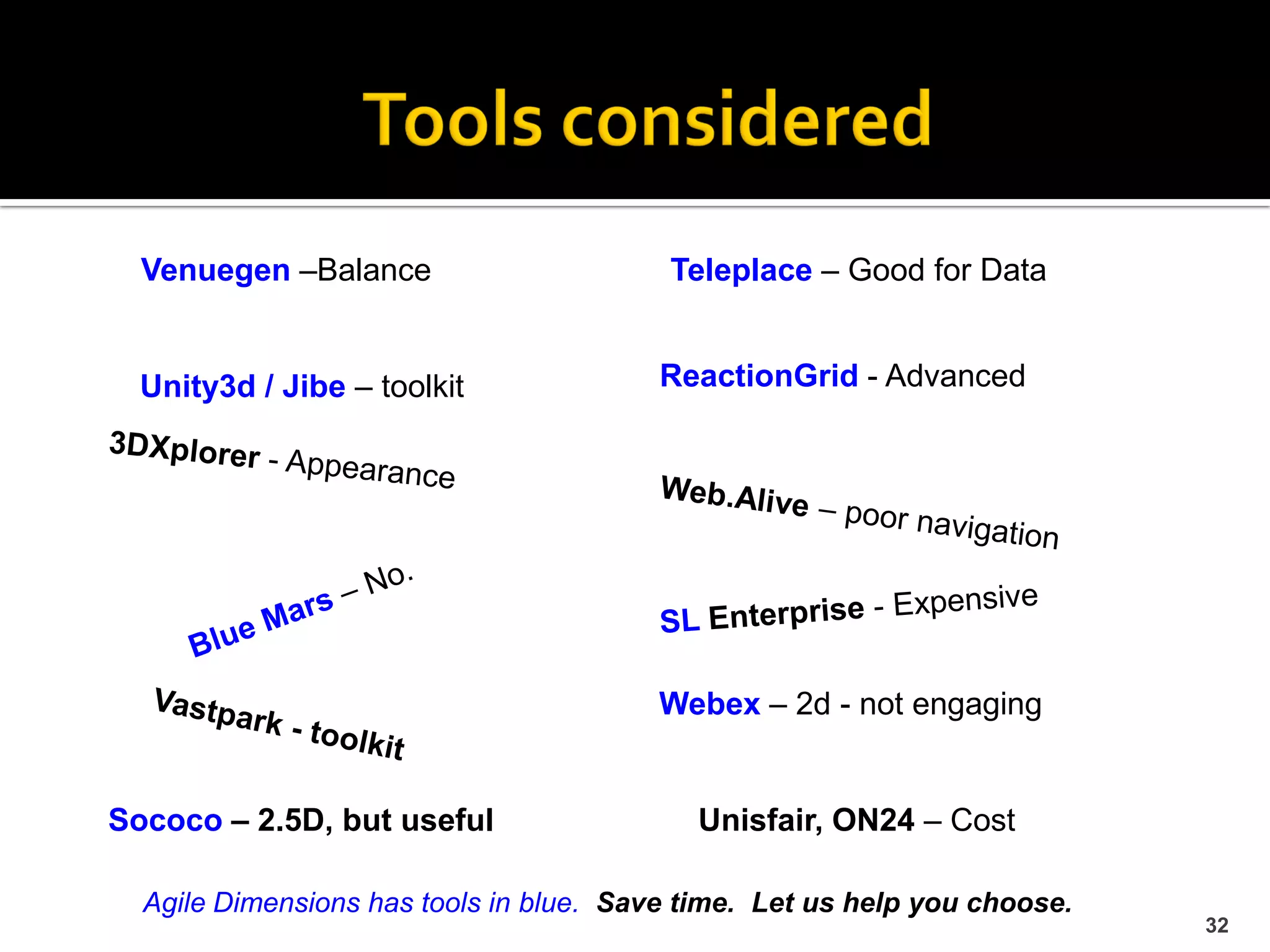 Venuegen –Balance                      Teleplace – Good for Data


  Unity3d / Jibe – toolkit              ReactionGrid - Advanced




                                        Webex – 2d - not engaging


Sococo – 2.5D, but useful                  Unisfair, ON24 – Cost

  Agile Dimensions has tools in blue. Save time. Let us help you choose.
                                                                           32
 