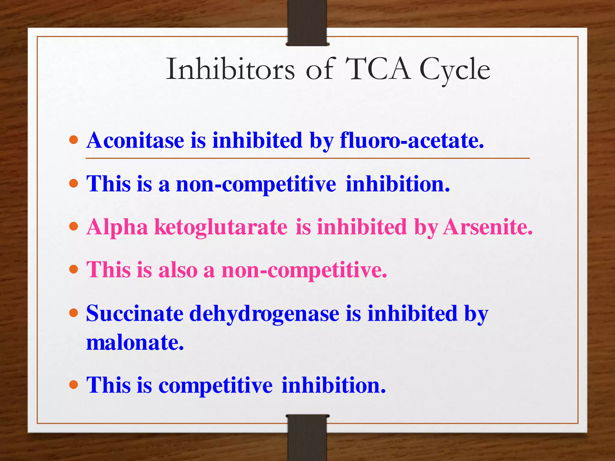 Inhibitors of TCA Cycle
 Aconitase is inhibited by fluoro-acetate.
 This is a non-competitive inhibition.
 Alpha ketoglutarate is inhibited byArsenite.
 This is also a non-competitive.
 Succinate dehydrogenase is inhibited by
malonate.
 This is competitive inhibition.
 
