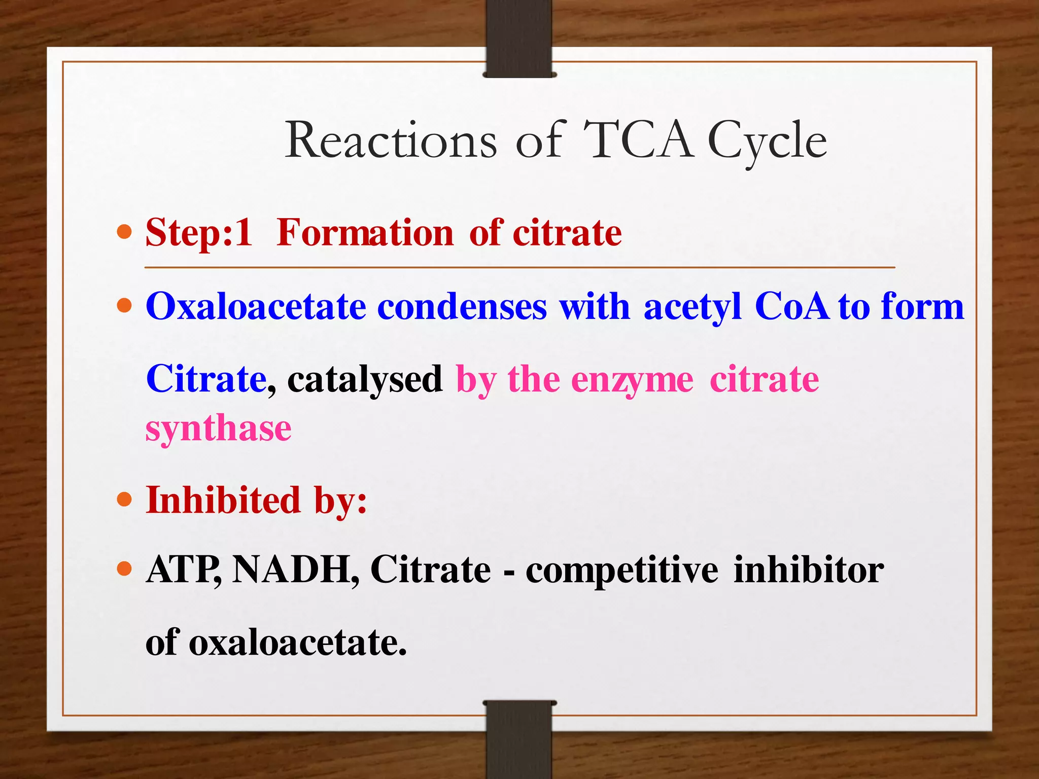 Reactions of TCA Cycle
 Step:1 Formation of citrate
 Oxaloacetate condenses with acetyl CoAto form
Citrate, catalysed by the enzyme citrate
synthase
 Inhibited by:
 ATP, NADH, Citrate - competitive inhibitor
of oxaloacetate.
 