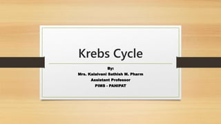 Krebs Cycle
By:
Mrs. Kalaivani Sathish M. Pharm
Assistant Professor
PIMS - PANIPAT
 