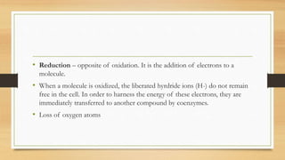 • Reduction – opposite of oxidation. It is the addition of electrons to a
molecule.
• When a molecule is oxidized, the liberated hyrdride ions (H-) do not remain
free in the cell. In order to harness the energy of these electrons, they are
immediately transferred to another compound by coenzymes.
• Loss of oxygen atoms
 