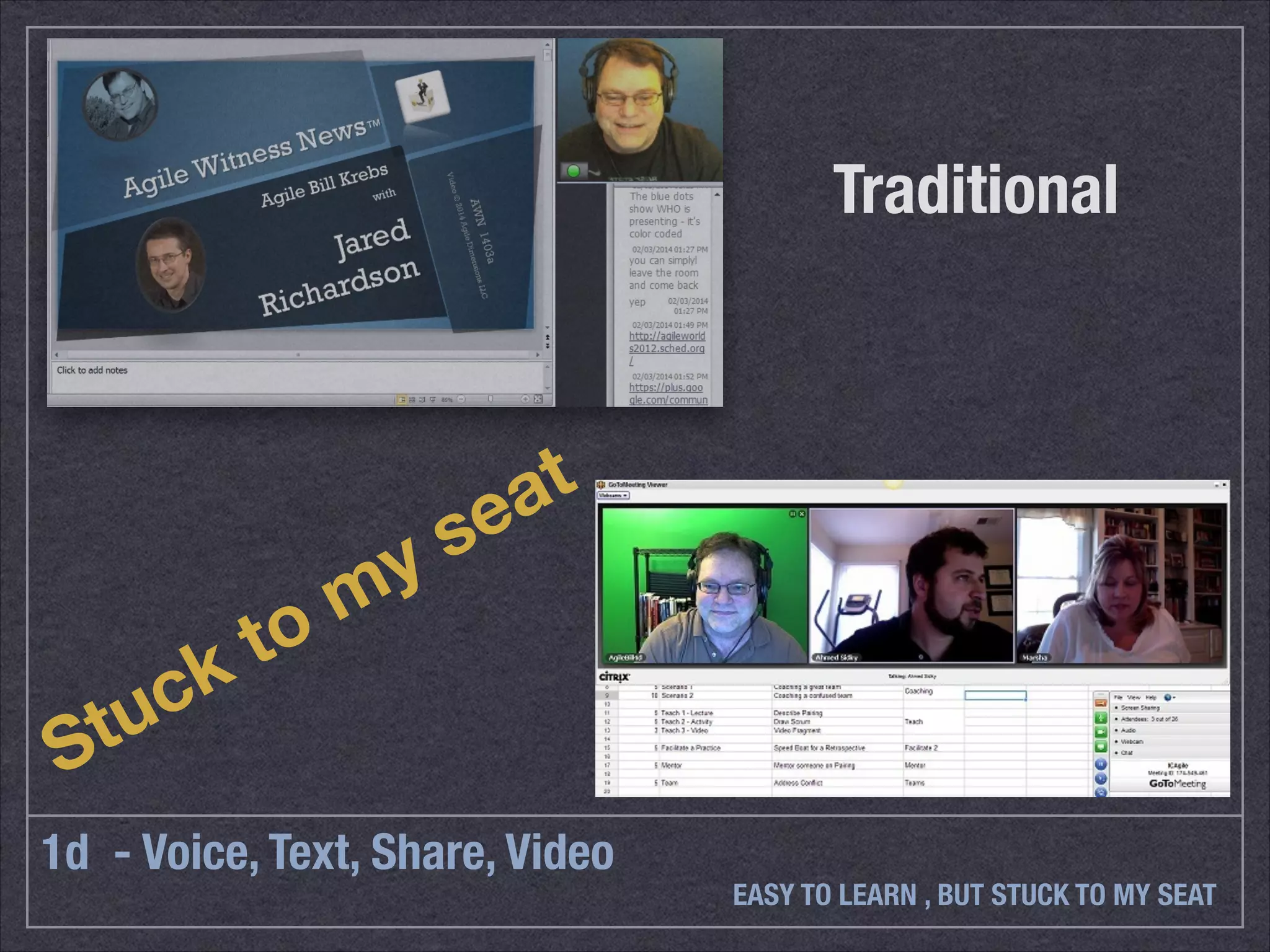 1d - Voice, Text, Share, Video 
Traditional 
EASY TO LEARN , BUT STUCK TO MY SEAT 
Stuck to my seat 
 