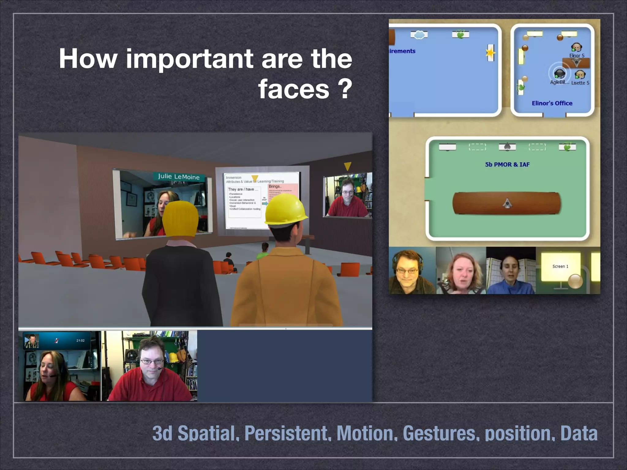 How important are the 
faces ? 
3d Spatial, Persistent, Motion, Gestures, position, Data 
 