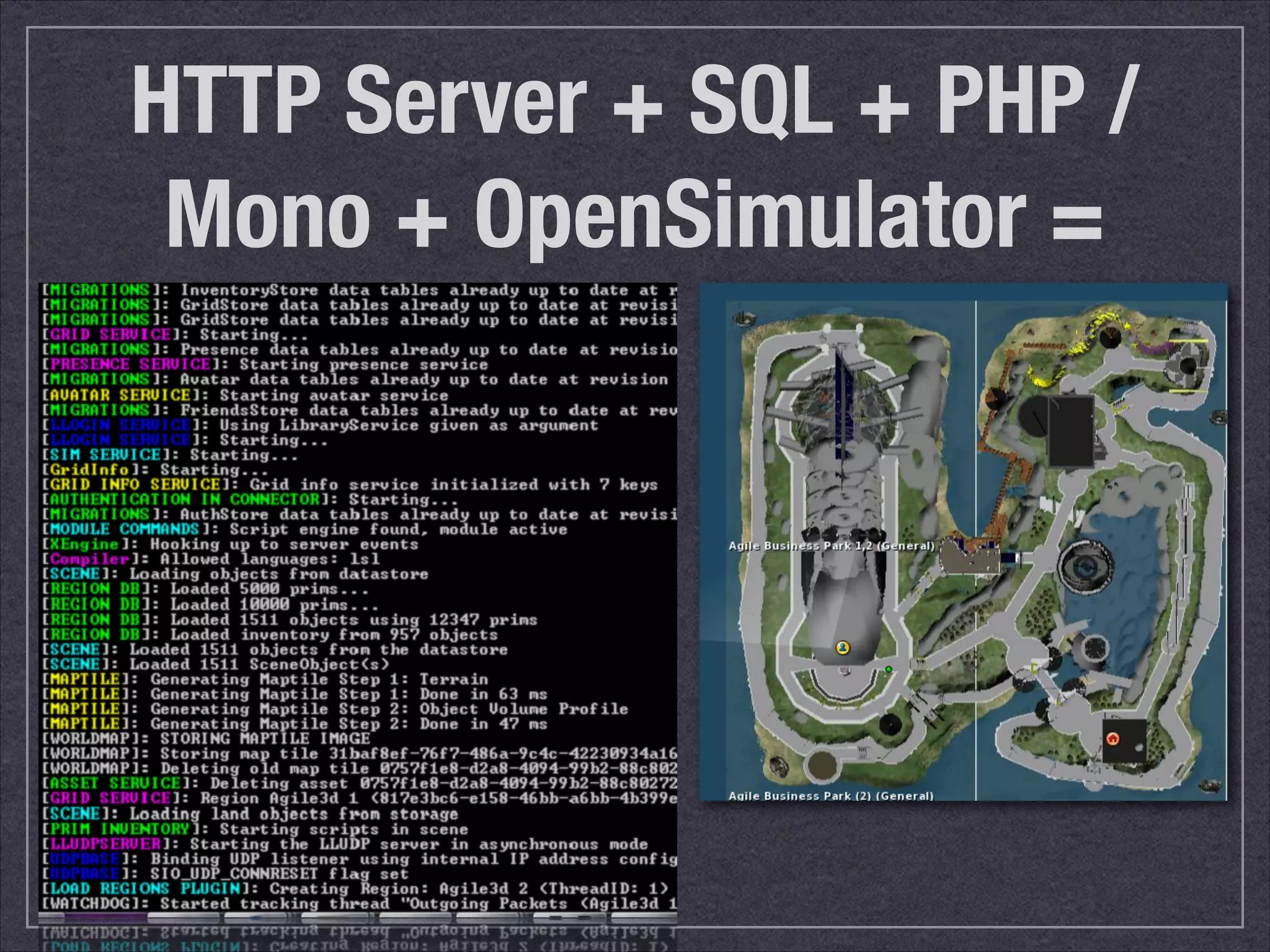 HTTP Server + SQL + PHP / 
Mono + OpenSimulator = 
 