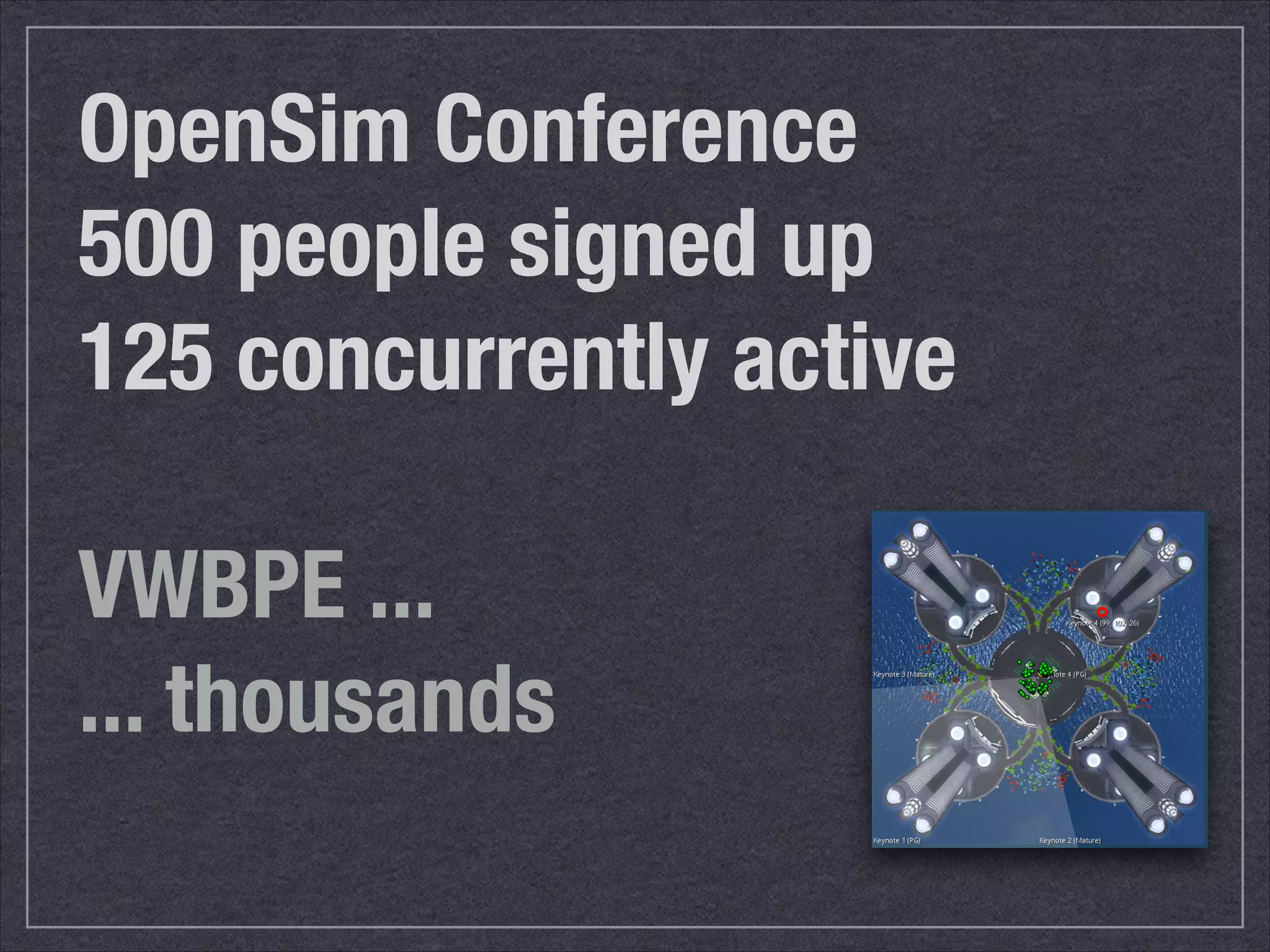 OpenSim Conference 
500 people signed up 
125 concurrently active 
! 
VWBPE ... 
... thousands 
 
