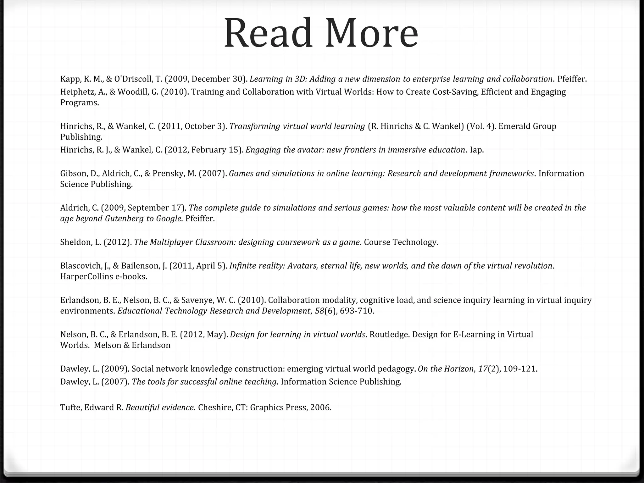 Read More
Kapp, K. M., & O'Driscoll, T. (2009, December 30). Learning in 3D: Adding a new dimension to enterprise learning and collaboration. Pfeiffer.
Heiphetz, A., & Woodill, G. (2010). Training and Collaboration with Virtual Worlds: How to Create Cost-Saving, Efficient and Engaging
Programs.
Hinrichs, R., & Wankel, C. (2011, October 3). Transforming virtual world learning (R. Hinrichs & C. Wankel) (Vol. 4). Emerald Group
Publishing.
Hinrichs, R. J., & Wankel, C. (2012, February 15). Engaging the avatar: new frontiers in immersive education. Iap.
Gibson, D., Aldrich, C., & Prensky, M. (2007). Games and simulations in online learning: Research and development frameworks. Information
Science Publishing.
Aldrich, C. (2009, September 17). The complete guide to simulations and serious games: how the most valuable content will be created in the
age beyond Gutenberg to Google. Pfeiffer.
Sheldon, L. (2012). The Multiplayer Classroom: designing coursework as a game. Course Technology.
Blascovich, J., & Bailenson, J. (2011, April 5). Infinite reality: Avatars, eternal life, new worlds, and the dawn of the virtual revolution.
HarperCollins e-books.
Erlandson, B. E., Nelson, B. C., & Savenye, W. C. (2010). Collaboration modality, cognitive load, and science inquiry learning in virtual inquiry
environments. Educational Technology Research and Development, 58(6), 693-710.
Nelson, B. C., & Erlandson, B. E. (2012, May). Design for learning in virtual worlds. Routledge. Design for E-Learning in Virtual
Worlds. Melson & Erlandson
Dawley, L. (2009). Social network knowledge construction: emerging virtual world pedagogy. On the Horizon, 17(2), 109-121.
Dawley, L. (2007). The tools for successful online teaching. Information Science Publishing.
Tufte, Edward R. Beautiful evidence. Cheshire, CT: Graphics Press, 2006.
 
