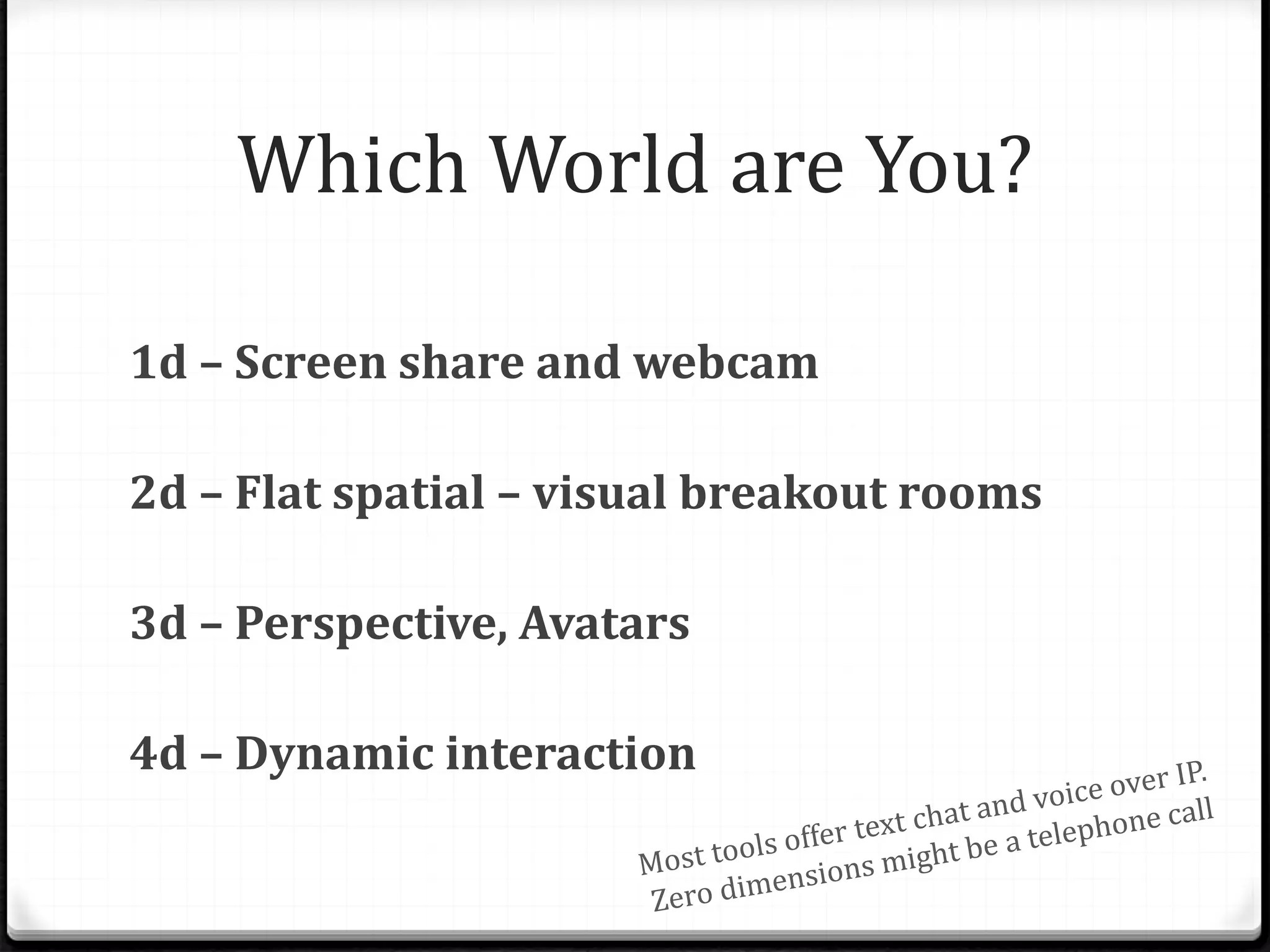 Which World are You?
1d – Screen share and webcam
2d – Flat spatial – visual breakout rooms
3d – Perspective, Avatars
4d – Dynamic interaction
 