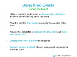 What is Kred?
Kred is Measurable Inﬂuence based on two metrics!



                             Inﬂuence!
                             Ability to inspire action: !
                             Retweets, Replies, New follows.!
                               
                             
                             Outreach!
                             Generosity, rewards actions, interacts
                             with others, spreads content.




                                                                  44
                                                                   	

 