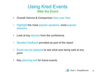 Kred Events
Generate high involvement with event content and among
attendees


                                     Gamiﬁcation
                                     Attendees and event
                                     content providers will vie
                                     to be Top Inﬂuencers and
                                     Outreachers.
                                     
                                     Virality!
                                     Universal access assures
                                     that people outside the
                                     event can follow the
                                     action, too. 

                                                                  6
 