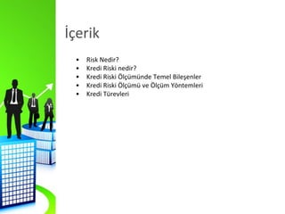 İçerik
• Risk Nedir?
• Kredi Riski nedir?
• Kredi Riski Ölçümünde Temel Bileşenler
• Kredi Riski Ölçümü ve Ölçüm Yöntemleri
• Kredi Türevleri
 