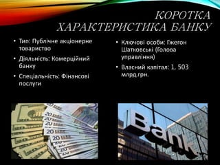 КОРОТКА
ХАРАКТЕРИСТИКА БАНКУ
• Тип: Публічне акціонерне
товариство
• Діяльність: Комерційний
банку
• Спеціальність: Фінансові
послуги
• Ключові особи: Гжегон
Шатковські (Голова
управління)
• Власний капітал: 1, 503
млрд.грн.
 