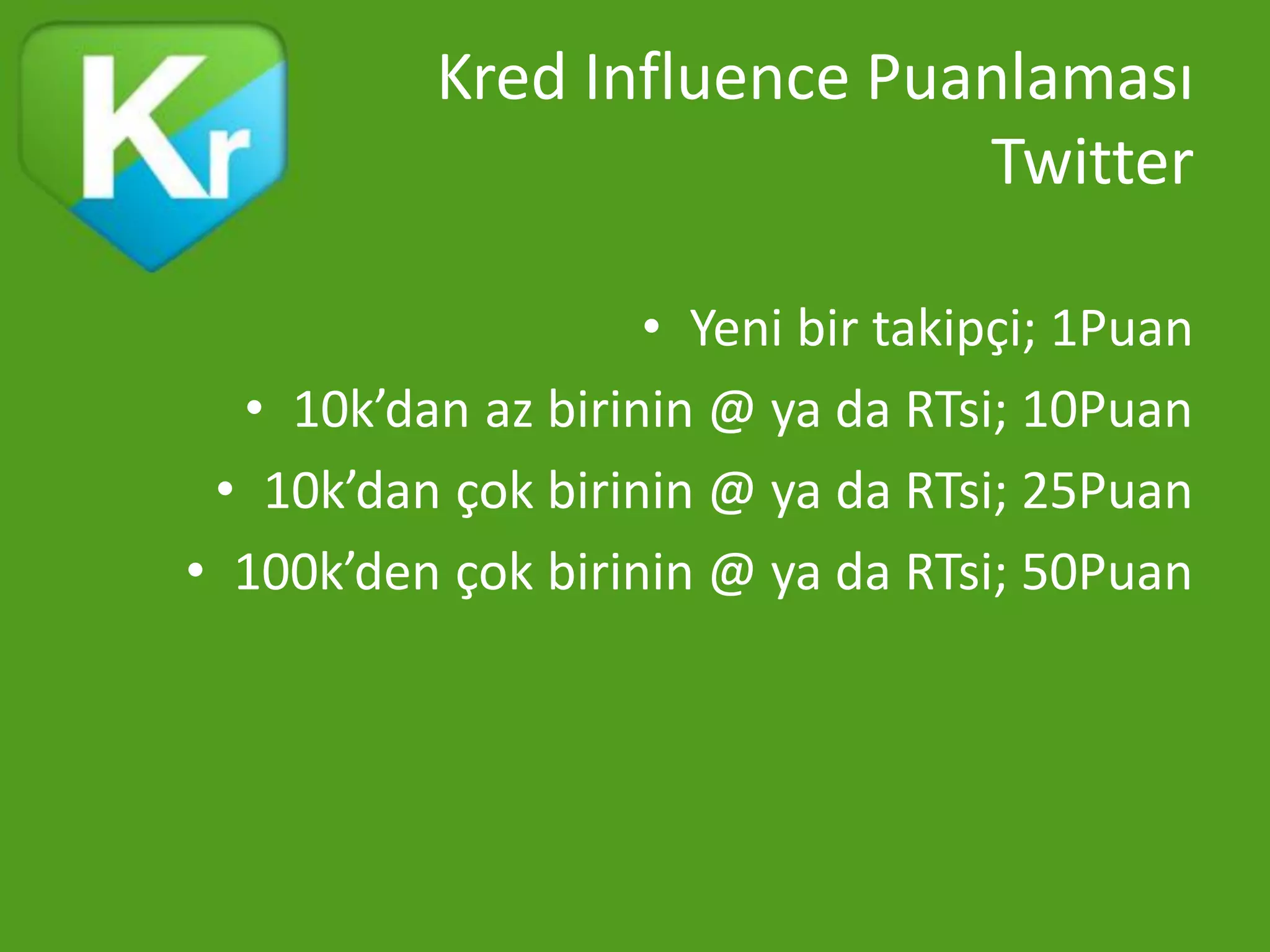 Kred Influence Puanlaması
                             Twitter

                    • Yeni bir takipçi; 1Puan
  • 10k’dan az birinin @ ya da RTsi; 10Puan
 • 10k’dan çok birinin @ ya da RTsi; 25Puan
• 100k’den çok birinin @ ya da RTsi; 50Puan
 