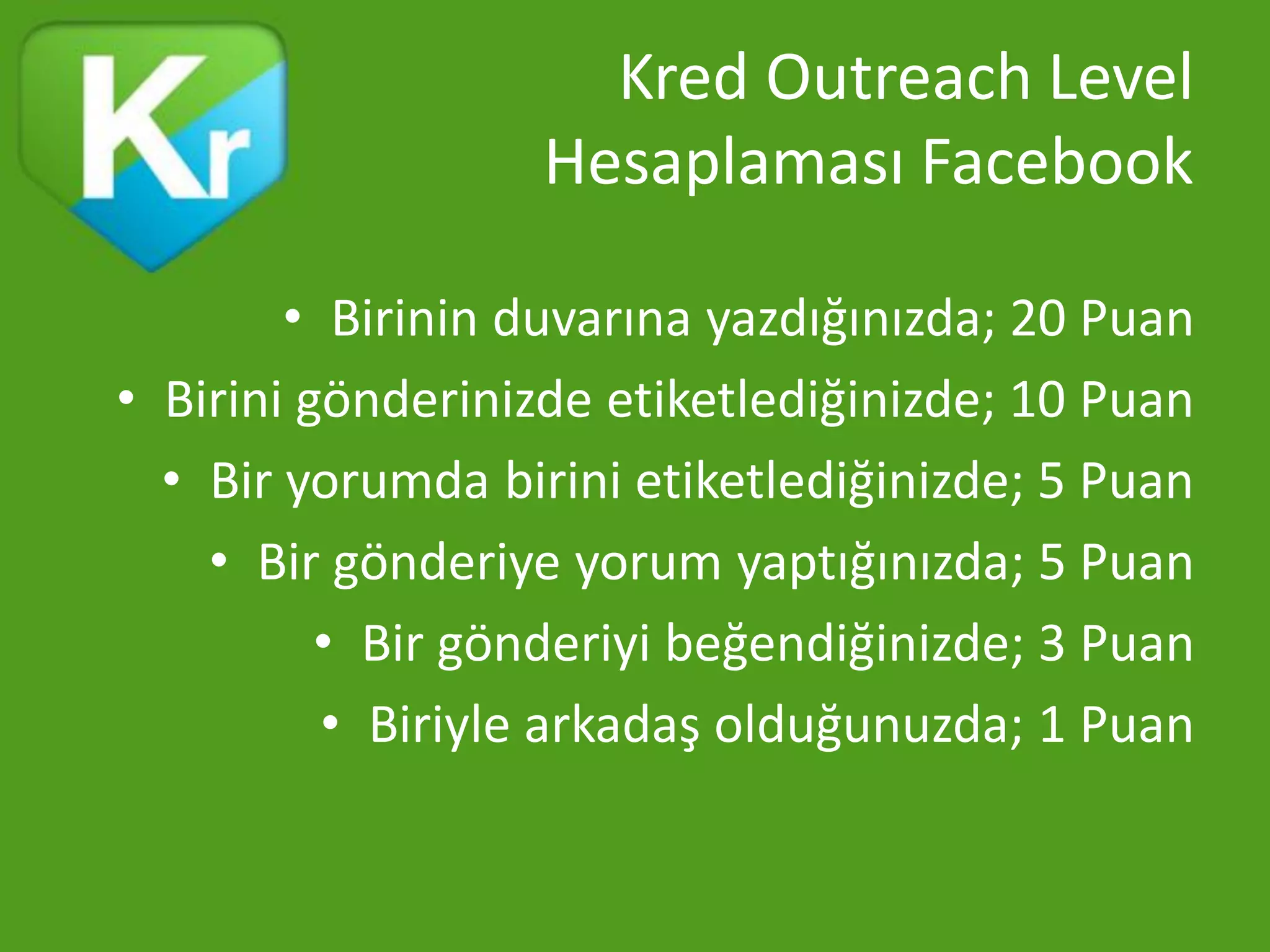 Kred Outreach Level
                   Hesaplaması Facebook

        • Birinin duvarına yazdığınızda; 20 Puan
• Birini gönderinizde etiketlediğinizde; 10 Puan
  • Bir yorumda birini etiketlediğinizde; 5 Puan
    • Bir gönderiye yorum yaptığınızda; 5 Puan
          • Bir gönderiyi beğendiğinizde; 3 Puan
          • Biriyle arkadaş olduğunuzda; 1 Puan
 