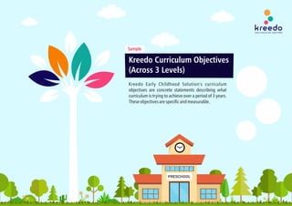 PRESCHOOL
Kreedo Curriculum Objectives
(Across 3 Levels)
Kreedo Early Childhood Solution's curriculum
objectives are concrete statements describing what
curriculum is trying to achieve over a period of 3 years.
Theseobjectivesarespecic andmeasurable.
Sample
 