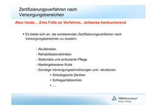 Zertifizierungsverfahren nach
  Versorgungsbereichen
Aber heute….Eine Fülle an Verfahren…teilweise konkurrierend


      Es bietet sich an, die existierenden Zertifizierungsverfahren nach
       Versorgungsbereichen zu clustern:


             - Akutkliniken
             - Rehabilitationskliniken
             - Stationäre und ambulante Pflege
             - Niedergelassene Ärzte
             - Sonstige Versorgungseinrichtungen und –strukturen
                      + Onkologische Zentren
                      + Schlaganfallzentren
                      +…
 