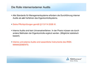 Die Rolle interner/externer Audits

  Alle Standards für Managementsysteme erfordern die Durchführung interner
   Audits als ein Verfahren des Eigenkontrollsystems.


  Siehe Pflichtprüfungen gemäß §113/114 SGB XI.


  Interne Audits sind kein Universalverfahren. In der Praxis müssen sie durch
   andere Methoden der Eigenkontrolle ergänzt werden. (Möglichst statistisch
   basiert).


  Interne und externe Audits sind wesentliche Instrumente des RISK-
   MANAGEMENTS.
 