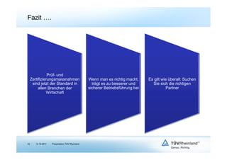 Fazit ….




                Prüf- und
     Zertifizierungsmassnahmen                    Wenn man es richtig macht,     Es gilt wie überall: Suchen
      sind jetzt der Standard in                    trägt es zu besserer und       Sie sich die richtigen
          allen Branchen der                      sicherer Betriebsführung bei              Partner
               Wirtschaft




33      12.10.2011   Präsentation TÜV Rheinland
 