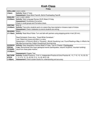 Kreh Class 
Friday 
SPELLING 
(10am) 
L.6.2, L.6.2.b 
Activity: Week 5 Tests 
Assessment: Cloze Word Test #5, Skill & Proofreading Test #5 
ENGLISH 
(10:20am) 
L.6.1, L.6.2, L.6.2.b 
Activity: Daily Language Review (DLR) Week 5 Friday 
Assessment: Smartboard Correction. 
Check in small groups and Formative check. 
WRITING 
(10:40am) 
W.6.10 
Activity: Free-write; students work on a piece they have started or choose a topic of choice. 
Assessment: Check notebooks to ensure students are writing. 
READING 
(11:10am) 
RI.6.2 
Activity: Read Aloud Rules. Turn and talk with partners using stopping points in text (20 min). 
Read Scholastic Cover story, “Great White Comeback.” 
I can: Determine cause and effect in a story. 
Assessment: A Picture's Worth a Thousand , Words Visualizing Lost, Found Reading a Map, & What's the 
Big Idea Summarizing. Collect Visualizing & Summarizing. 
SCIENCE/ 
SOCIAL 
STUDIES 
(12:40pm) 
Activity: Daily Geography Practice Week 6 Friday. Test on Chapter 2 Earthquakes. 
I can: Demonstrate how major geological events (earthquakes, volcanic eruptions, mountain building) 
result from these plate motions. 
Assessment: Chapter Test 
MATHEM 
ATICS 
(1:50pm) 
Activity: Guided Practice p. 74 #1-4. Independent Practice & Extra Practice AL 1-5, 7-10, 12, 19, 20; OL 
1, 3, 5-10, 12, 19, 20; BL 5-12, 19, 20: All 21-26. 
Assessment: Check student books for understanding and accuracy. 
Powered by TCPDF (www.tcpdf.org) 

