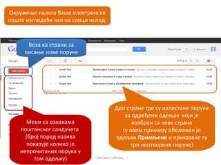 Окружење налога Ваше електронске
поште изгледаће као на слици испод:



      Веза ка страни за
     писање нове поруке




                                              Део стране где су излистане поруке
                                                 за одређени одељак који је
       Мени са ознакама                             изабран са леве стране
    поштанског сандучета                        (у овом примеру обележен је
      (број поред назива                      одељак Примљене и приказане су
       показује колико је                           три неотворене поруке)
    непрочитаних порука у
         том одељку)         - - - Настава у облаку - - -
 