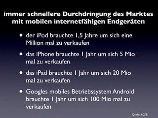 immer schnellere Durchdringung des Marktes
  mit mobilen internetfähigen Endgeräten

    • der iPod brauchte 1,5 Jahre um sich eine
      Million mal zu verkaufen
    • das iPhone brauchte 1 Jahr um sich 5 Mio
      mal zu verkaufen
    • das iPad brauchte 1 Jahr um sich 20 Mio
      mal zu verkaufen
    • Googles mobiles Betriebssystem Android
      brauchte 1 Jahr um sich 100 Mio mal zu
      verkaufen
                                                Quelle: KCPB
 