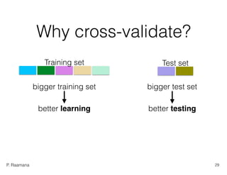 P. Raamana
Why cross-validate?
Training set Test set
bigger training set
better learning better testing
bigger test set
29
 