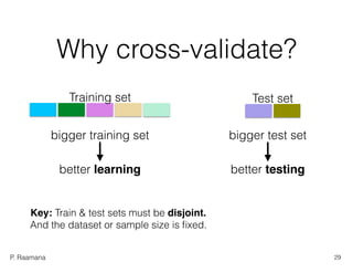 P. Raamana
Why cross-validate?
Training set Test set
bigger training set
better learning better testing
bigger test set
Key: Train & test sets must be disjoint.
And the dataset or sample size is ﬁxed.
29
 