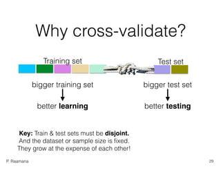 P. Raamana
Why cross-validate?
Training set Test set
bigger training set
better learning better testing
bigger test set
Key: Train & test sets must be disjoint.
And the dataset or sample size is ﬁxed.
They grow at the expense of each other!
29
 