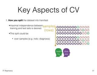 P. Raamana
Key Aspects of CV
1. How you split the dataset into train/test
•maximal independence between  
training and test sets is desired.
•This split could be
• over samples (e.g. indiv. diagnosis)
samples
(rows)
31
healt
hy
dise
ase
 