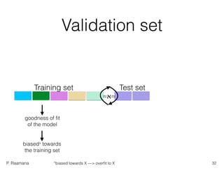 P. Raamana
Validation set
goodness of ﬁt
of the model
biased* towards
the training set
Training set Test set
≈ℵ≈
32*biased towards X —> overﬁt to X
 