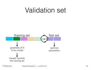 P. Raamana
Validation set
optimize
parameters
goodness of ﬁt
of the model
biased* towards
the training set
Training set Test set
≈ℵ≈
32*biased towards X —> overﬁt to X
 