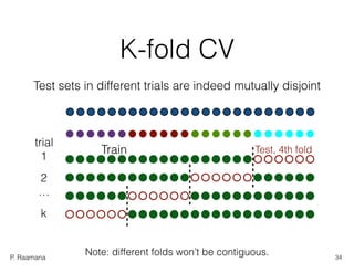 P. Raamana
K-fold CV
Test sets in different trials are indeed mutually disjoint
Train Test, 4th fold
trial
1
2
…
k
Note: different folds won’t be contiguous. 34
 