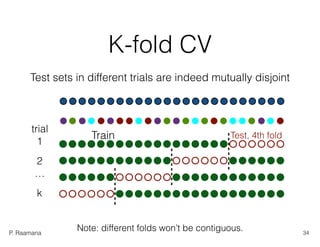 P. Raamana
K-fold CV
Test sets in different trials are indeed mutually disjoint
Train Test, 4th fold
trial
1
2
…
k
Note: different folds won’t be contiguous. 34
 