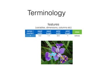 Terminology
names→
counter↓
sepal
width
sepal
length
petal
width
petal
length
class
1 0.2 1.1 0.4 1 setosa
features
(variables, dimensions, columns etc)
PetalSepal
 
