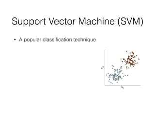 Support Vector Machine (SVM)
• A popular classiﬁcation technique
 