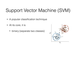 Support Vector Machine (SVM)
• A popular classiﬁcation technique
• At its core, it is
• binary (separate two classes)
 