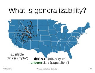 P. Raamana
What is generalizability?
available
data (sample*) desired: accuracy on  
unseen data (population*)
23*has a statistical deﬁnition
 
