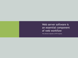 This software responds to HTTP requests.
Web server software is
an essential component
of web workflow
 