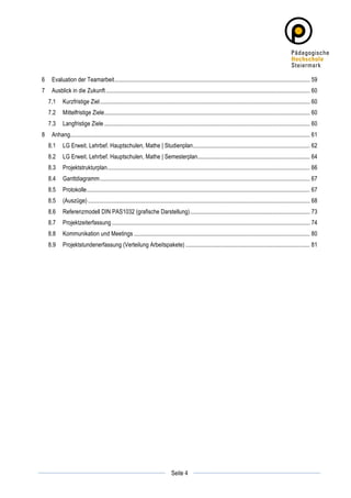 6	
   Evaluation der Teamarbeit.................................................................................................................................... 59	
  
7	
   Ausblick in die Zukunft .......................................................................................................................................... 60	
  
       7.1	
   Kurzfristige Ziel.............................................................................................................................................. 60	
  
       7.2	
   Mittelfristige Ziele........................................................................................................................................... 60	
  
       7.3	
   Langfristige Ziele ........................................................................................................................................... 60	
  
8	
   Anhang.................................................................................................................................................................. 61	
  
       8.1	
   LG Erweit. Lehrbef. Hauptschulen, Mathe | Studienplan............................................................................... 62	
  
       8.2	
   LG Erweit. Lehrbef. Hauptschulen, Mathe | Semesterplan............................................................................ 64	
  
       8.3	
   Projektstrukturplan......................................................................................................................................... 66	
  
       8.4	
   Ganttdiagramm.............................................................................................................................................. 67	
  
       8.5	
   Protokolle....................................................................................................................................................... 67	
  
       8.5	
   (Auszüge) ...................................................................................................................................................... 68	
  
       8.6	
   Referenzmodell DIN PAS1032 (grafische Darstellung)................................................................................. 73	
  
       8.7	
   Projektzeiterfassung ...................................................................................................................................... 74	
  
       8.8	
   Kommunikation und Meetings ....................................................................................................................... 80	
  
       8.9	
   Projektstundenerfassung (Verteilung Arbeitspakete) .................................................................................... 81	
  




	
                                                                                                     	
  
	
  
                                                                                       Seite 4         	
  
 