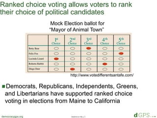 1/20/2018 4:41 PM, p. 3democracygps.org
Ranked choice voting allows voters to rank
their choice of political candidates
Democrats, Republicans, Independents, Greens,
and Libertarians have supported ranked choice
voting in elections from Maine to California
http://www.votedifferentsantafe.com/
Mock Election ballot for
“Mayor of Animal Town”
 