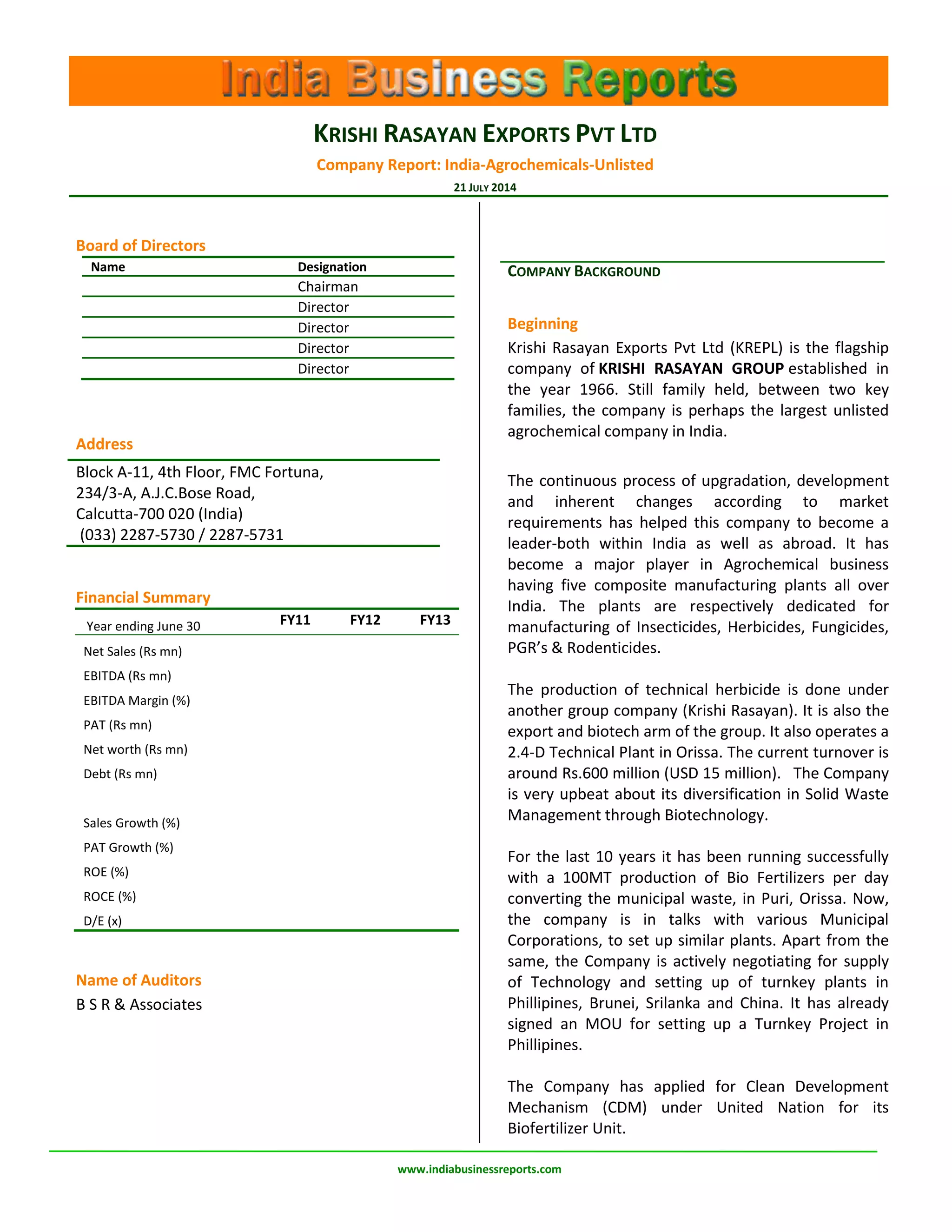 Krishi Rasayan Exports Pvt Ltd (KREPL) | PDF